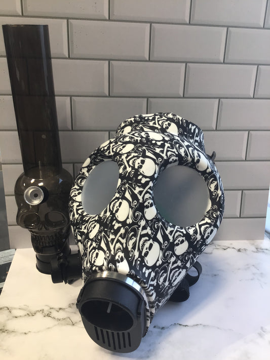 Black and white skull gas mask with acrylic bong